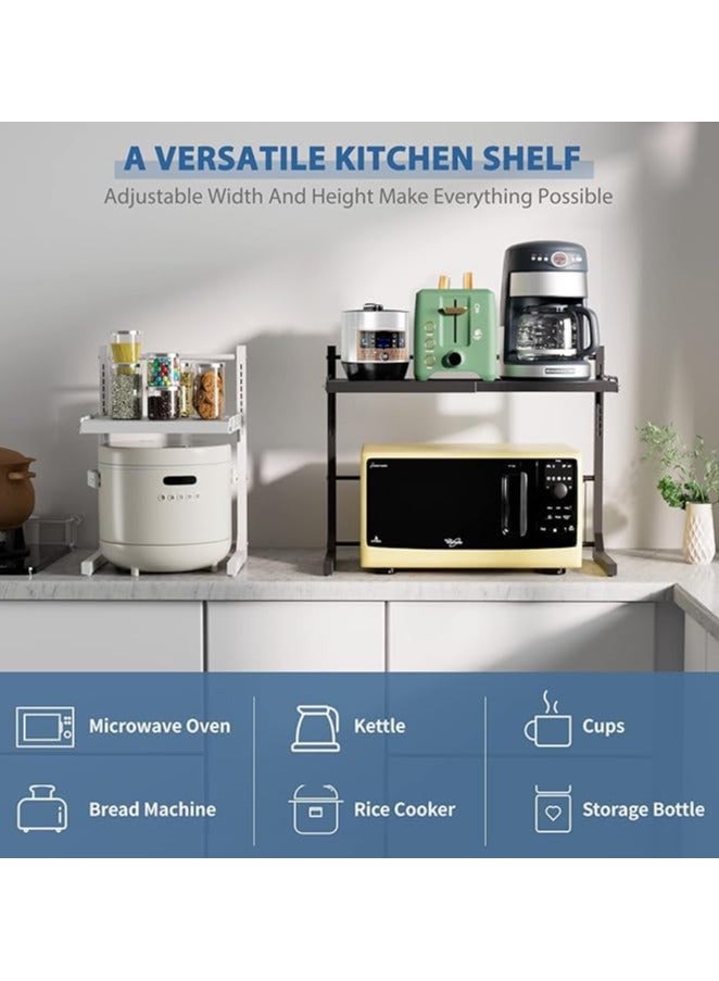 TAPIT Extendable Microwave Oven Rack Microwave/Toaster Shelf Heavy Duty Stand Kitchen Counter Top Organizer Adjustable Height & Length 2-Tier with 6 Hooks (2 Layers of Black) - Image 3