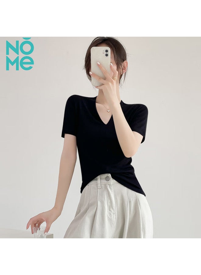 Nome V-neck Short-sleeve T-shirt Women's Niche Heart-shaped Low-neck Top Slim-fit Versatile Basic Shirt Black XL - Image 2