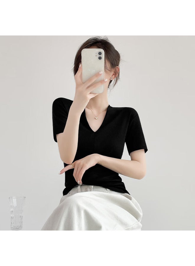 Nome V-neck Short-sleeve T-shirt Women's Niche Heart-shaped Low-neck Top Slim-fit Versatile Basic Shirt Black XL - Image 5