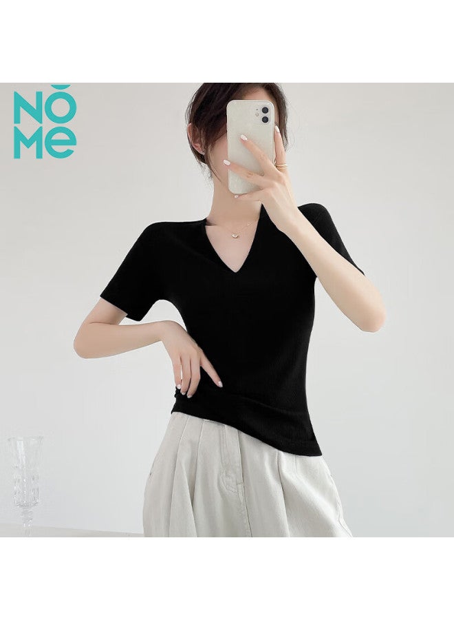 Nome V-neck Short-sleeve T-shirt Women's Niche Heart-shaped Low-neck Top Slim-fit Versatile Basic Shirt Black XL - Image 1