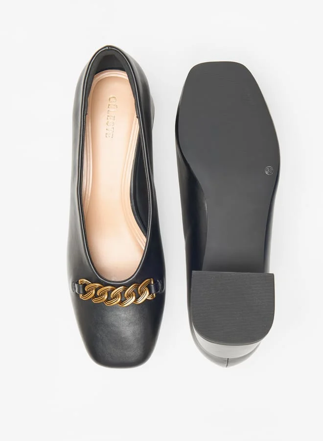 سيليست Women's Solid Slip-On Pumps with Block Heels and Chain Detail