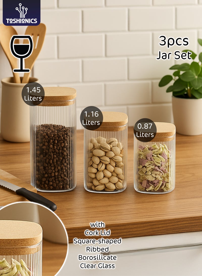 توشيونيكس مجموعة من 3 برطمانات تخزين طعام زجاجية مضلعة مع غطاء من الفلين T114691 | حاويات زجاجية مربعة من البوروسيليكات لتنظيم المطبخ والمخزن وسطح العمل - Image 1
