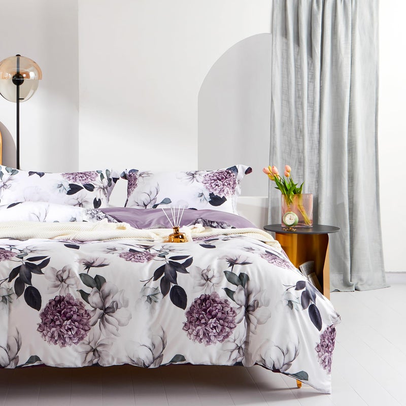 MILDLY MILDLY 100 LongStaple Cotton Duvet Cover Set Purple Hydrangea Lotus Flower Pattern Printed Comforter Cover 3pcs Ultra Soft  Breathable Bedding Set 