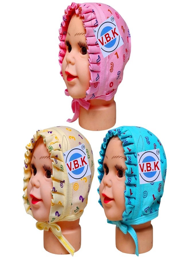 V.B.K طقم قبعة/غطاء رأس للأطفال الرضع من VBK®، للأولاد والبنات، عبوة من 3 قطع، من عمر 0 إلى 3 أشهر، مصنوع من قماش ناعم من الجوارب النقية (طقم 2)، متعدد الألوان - Image 1