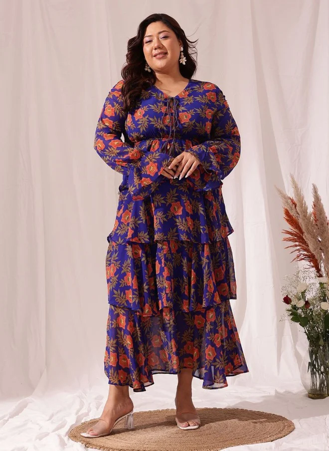 CURVY STREET Floral Printed Plus Size Chiffon Midi Dress for Women