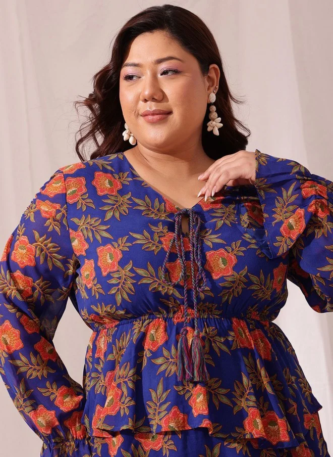 CURVY STREET فستان ميدي شيفون مقاس كبير بطبعة زهور للنساء