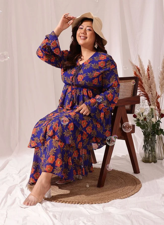 CURVY STREET Floral Printed Plus Size Chiffon Midi Dress for Women