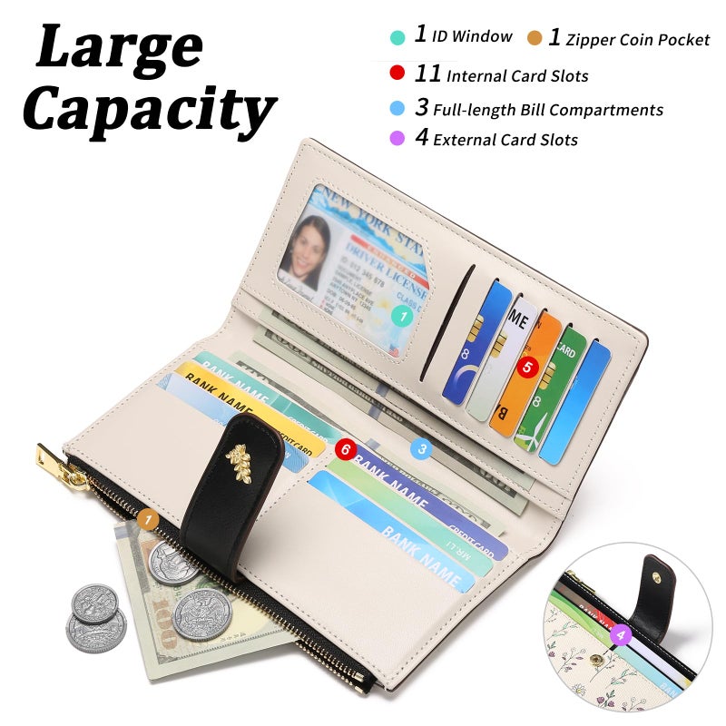 GAEKEAO Womens Wallet Slim Thin RFID Blocking Floral Vegan Leather Card Holder Bifold Long Ladies Wallet with Zipper Pocket - Image 2