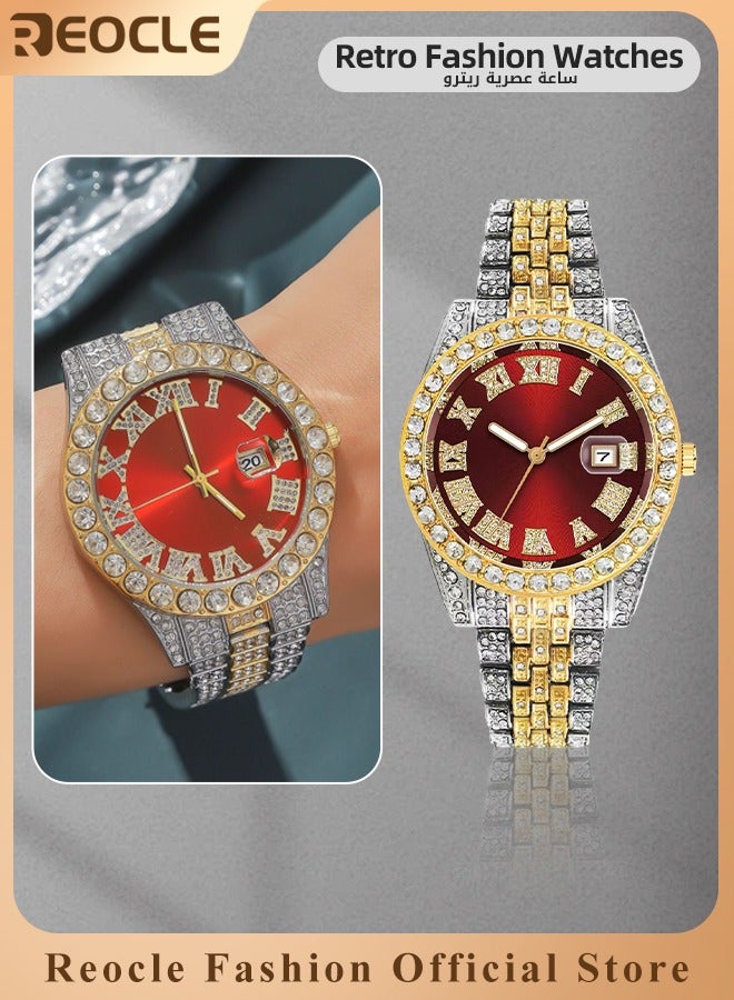 REOCLE New Women's Watch Full Diamond Roman Scale Calendar Fashionable Women's Watch Quartz Watch  - Image 1