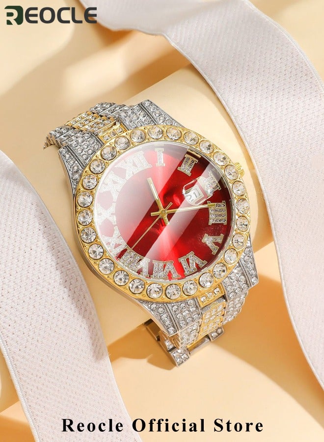 REOCLE New Women's Watch Full Diamond Roman Scale Calendar Fashionable Women's Watch Quartz Watch  - Image 2