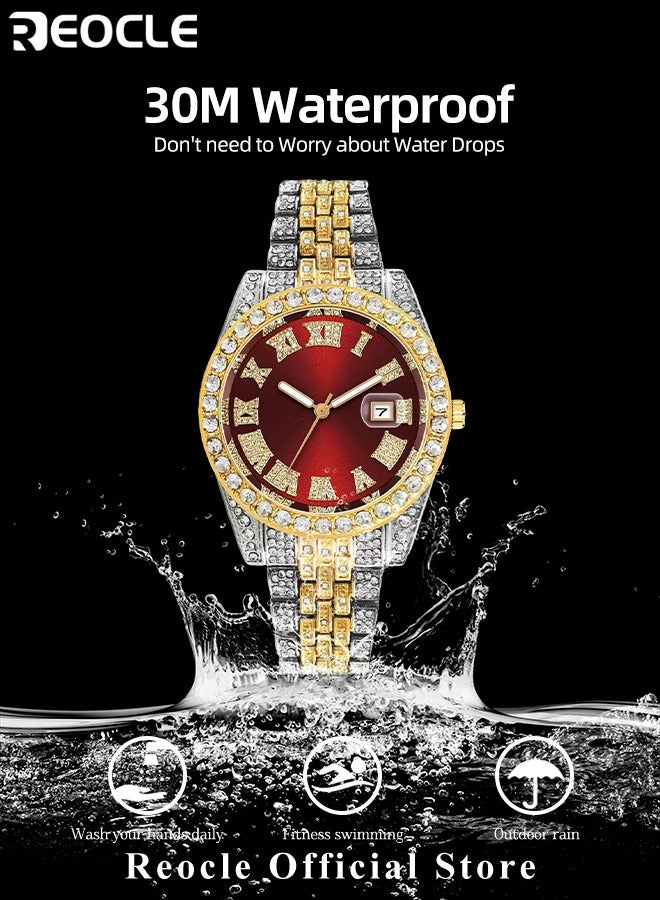 REOCLE New Women's Watch Full Diamond Roman Scale Calendar Fashionable Women's Watch Quartz Watch  - Image 4
