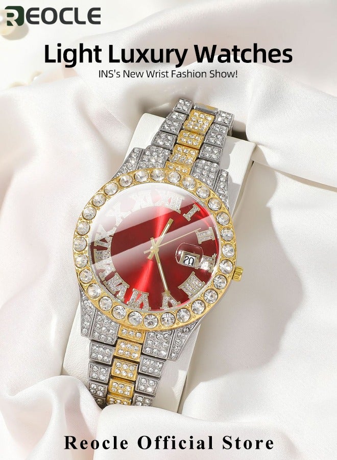 REOCLE New Women's Watch Full Diamond Roman Scale Calendar Fashionable Women's Watch Quartz Watch  - Image 5