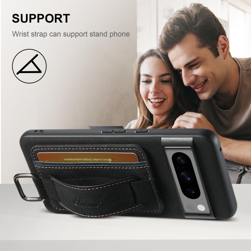 Suteni For Google Pixel 9 Pro Xl H13 Litchi Leather Wrist Strap Wallet Back Phone Case(Black) - Image 2