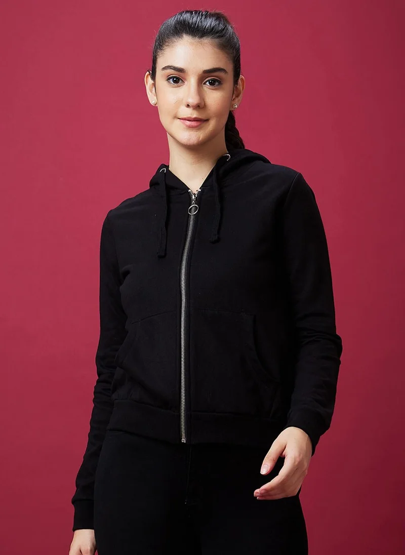 جلو باص Globus Women Black Hooded Front-Open Fleece Sweatshirt