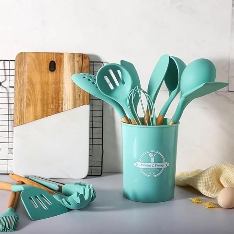 Kitchen Utensils, Silicone Cooking Utensils with Holder, Nonstick Cookware Safe and Heat Resistant, Include Spatula, Tongs, Whisk, Ladle, Brush, Slotted Turner Generic