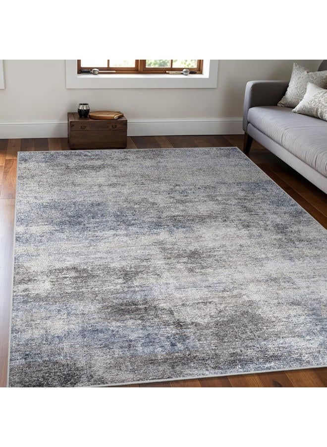 EISUROM Washable Abstract 5x7 Area Rug: Low Pile and Non-Slip Rubber Backing Modern Large Soft Stain-Resistant Carpet for Living Room Bedroom Dining Room Kitchen and Home Office Blue Grey - Image 1