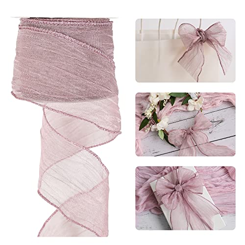 HUIHUANG Dusty Rose Wired Ribbon 25 inch Mauve Crinkle Metallic Ribbon for Gift Wrapping Basket Wreaths Bows Making Wedding Home Decor DIY Crafts Christmas Tree Decor10 Yards