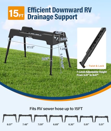 PAHTTO RV Sewer Hose Support 15FT HeavyDuty Camper Waste Hose Holder with 7 Foldable Sections Adjustable Stable Waste Drainage Support with Strap Stackable WeatherResistant Patent Pending - Image 3