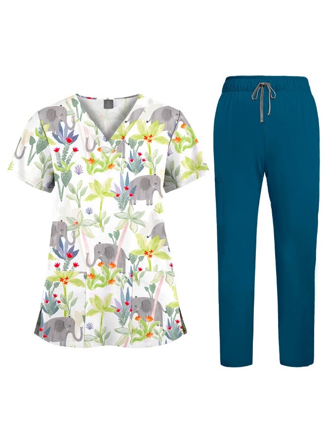 NIBEMINENT Floral Print Nursing Scrubs Tops Hospital Scrubs Uniforms Short Sleeve Hospital Uniforms Women Nursing Scrubs - Image 1