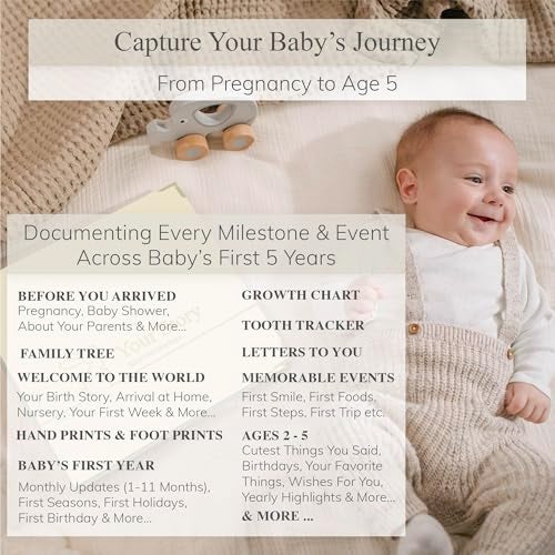 Olive & Lark Baby Book Keepsake Boy or Girl Timeless Baby Memory Book First 5 Years for Baby Shower Gender Neutral Baby Scrapbook New Mom Gift Baby Journal from Birth to Age 5 Milestone Book Beige - Image 5