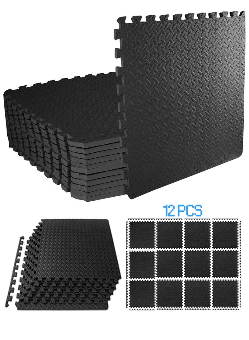 فيكسبلورن بلاط أرضيات رغوي متشابك (أسود 30x30 سم) - حصائر تمارين للمنزل وصالات الألعاب ومتعددة الاستخدام لغرف اللعب ورياض الأطفال - 12 قطعة (1.1 متر مربع) - Image 1