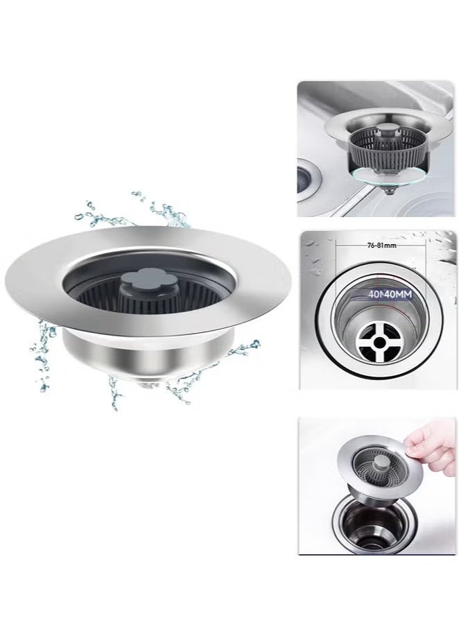 PINKSAMA 3 in 1 Kitchen Sink Drain Strainer and Stopper Kit, SUS304 Stainless Steel Pop-up Kitchen Drain Stopper with Strainer Basket, Fast Drainage Kitchen Sink Plug for Standard 3-1/2 Inch Drain - Image 1