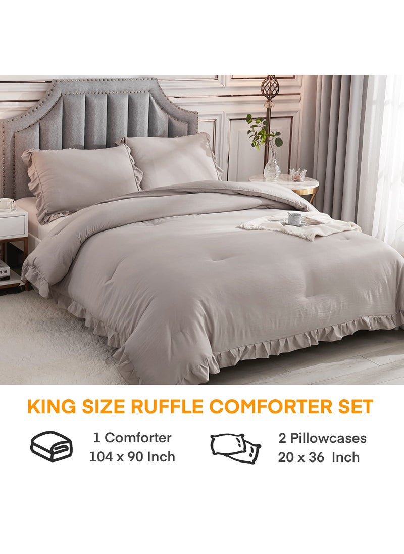 Andency Andency Wheat Ruffled Comforter King(104x90Inch)  3 Pieces(1 Ruffle Comforter and 2 Pillowcases) Vintage Ruffle Fringe Comforter  Farmhouse Rustic Microfiber Down Alternative Bedding Comforter Set  - Image 2