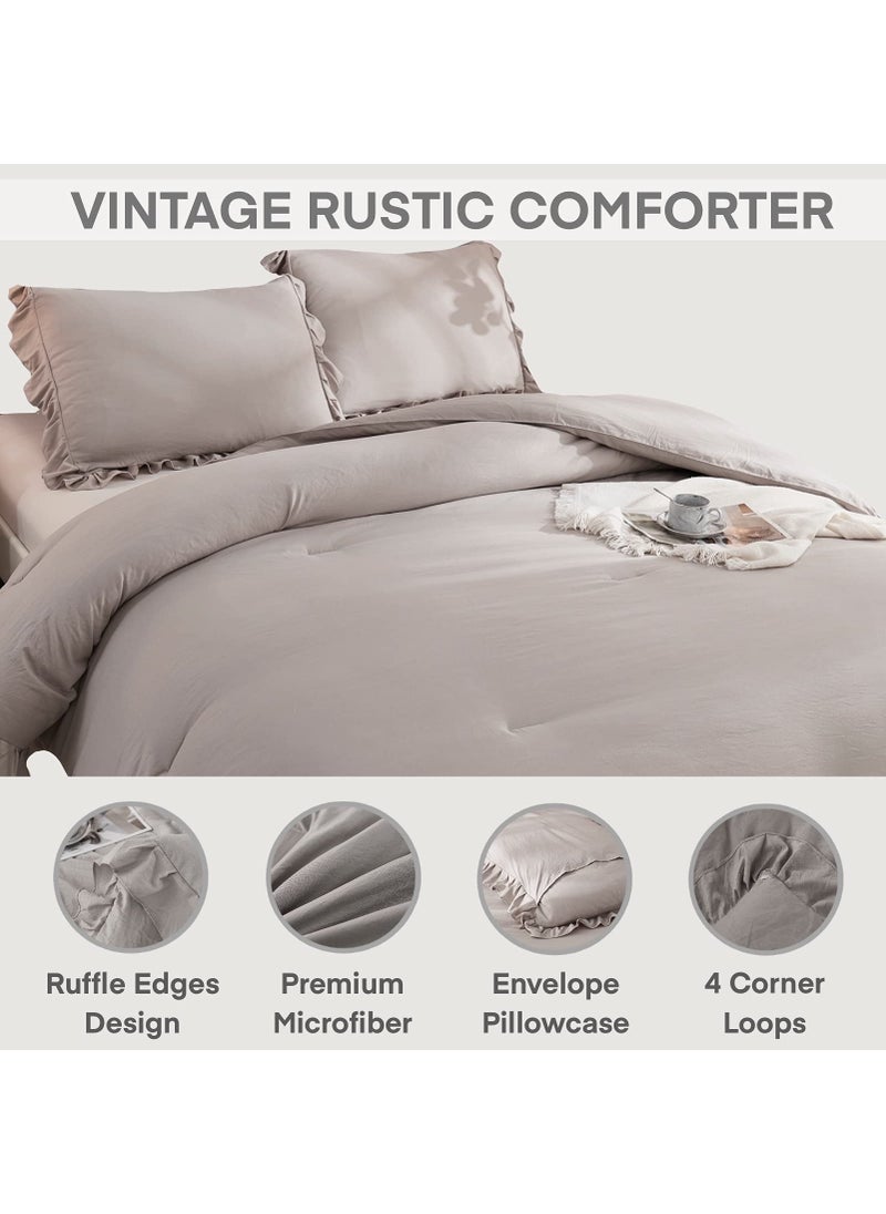 Andency Andency Wheat Ruffled Comforter King(104x90Inch)  3 Pieces(1 Ruffle Comforter and 2 Pillowcases) Vintage Ruffle Fringe Comforter  Farmhouse Rustic Microfiber Down Alternative Bedding Comforter Set  - Image 3