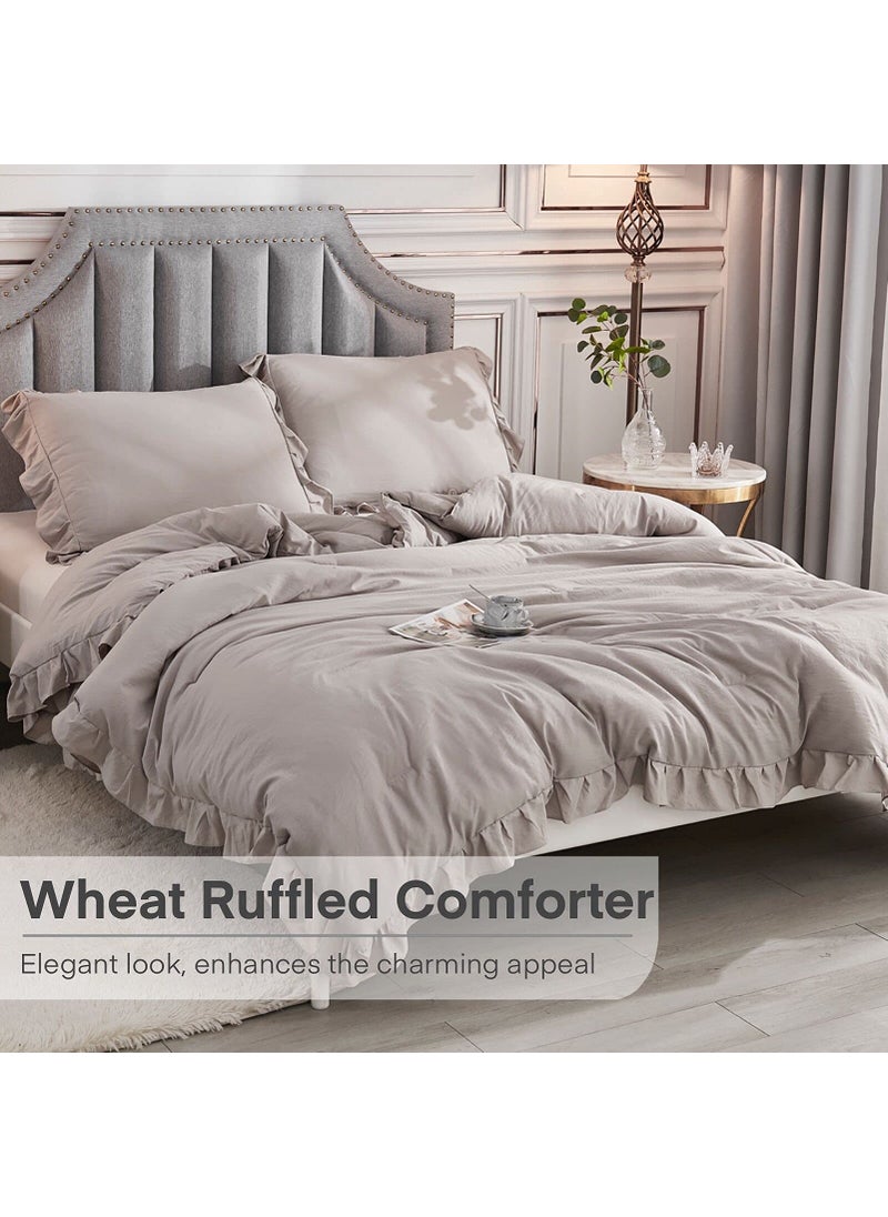 Andency Andency Wheat Ruffled Comforter King(104x90Inch)  3 Pieces(1 Ruffle Comforter and 2 Pillowcases) Vintage Ruffle Fringe Comforter  Farmhouse Rustic Microfiber Down Alternative Bedding Comforter Set  - Image 5
