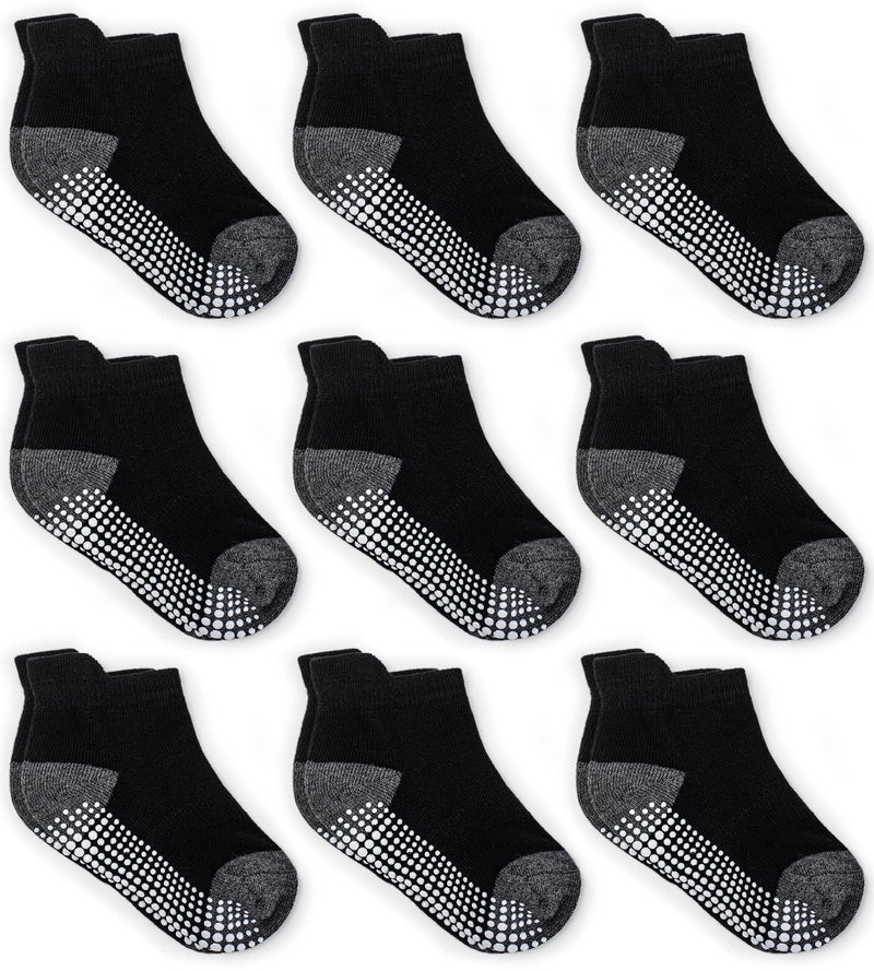 ZAPLES جوارب زابلز للأطفال الرضع والصغار، مانعة للانزلاق، بنعل مانع للانزلاق، لون أسود سادة - 9 أزواج، مقاس 12-3 سنوات - Image 1
