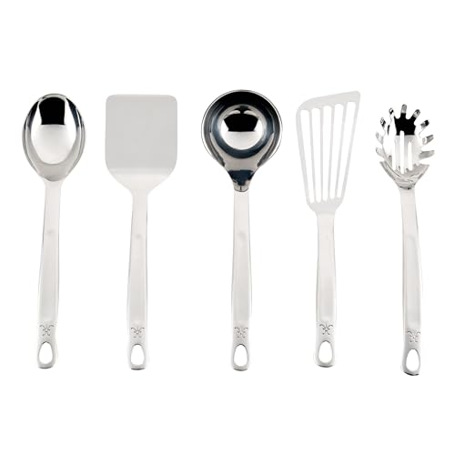 Hestan Provisions Chefs Tools Essential Set 5Piece Stainless Steel Solid Spoon Ladle Pasta Fork TurnerSpatula Fish Spatula - Image 1