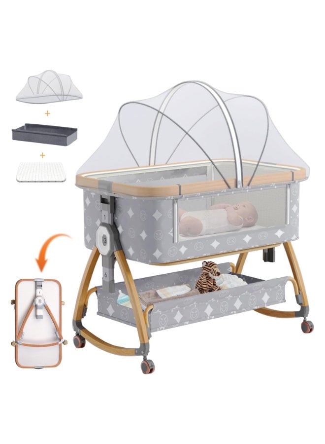 LIODUX Baby Bassinet, Bedside Bassinet for Baby, 6 Height Adjustable Babies Bed, 3 in 1 Easy Folding Bassinets with Wheels, Babies Cradle, Mosquito Net, Portable Crib for Infant/Newborn, Design - Image 1