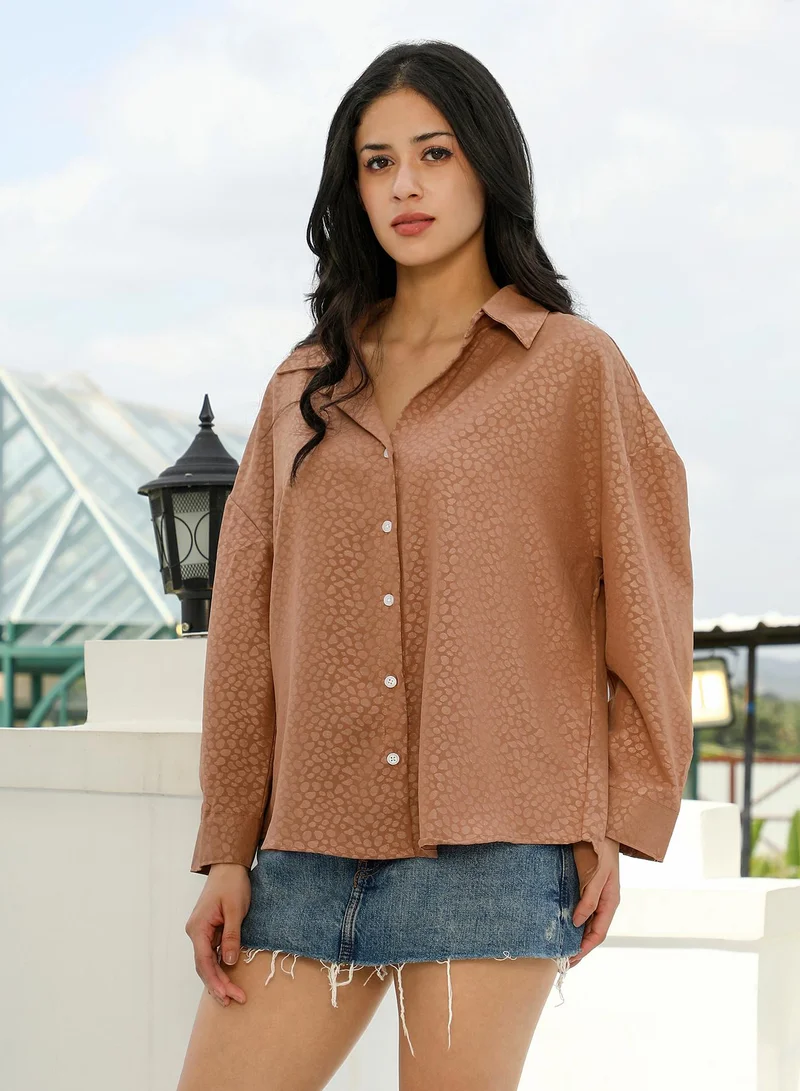 PINACOLADA Pinacolada Women's Polka-Jacquard Oversized Shirt | Spread Collar , Long Cuffed Sleeves , Button Closure | Abstract Jacquard Material | Cotton-Blend Shirt For Casual & Daily Wear | Mocha Brown