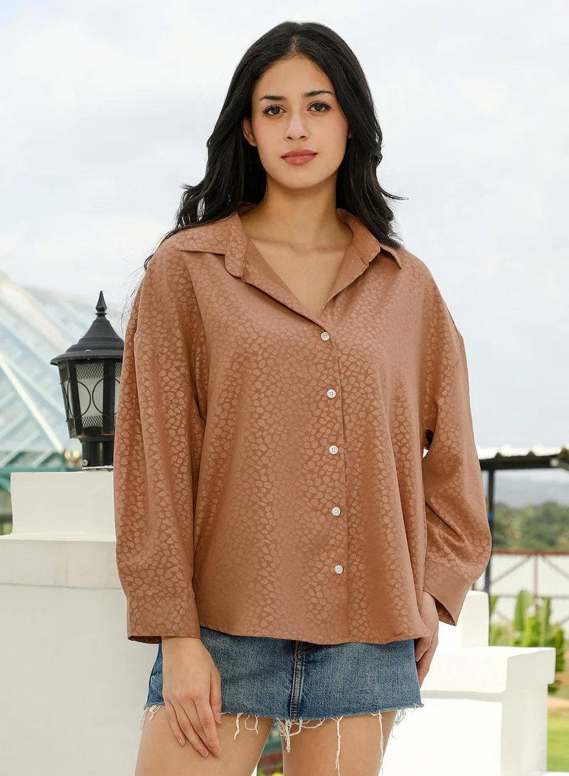 PINACOLADA Pinacolada Women's Polka-Jacquard Oversized Shirt | Spread Collar , Long Cuffed Sleeves , Button Closure | Abstract Jacquard Material | Cotton-Blend Shirt For Casual & Daily Wear | Mocha Brown
