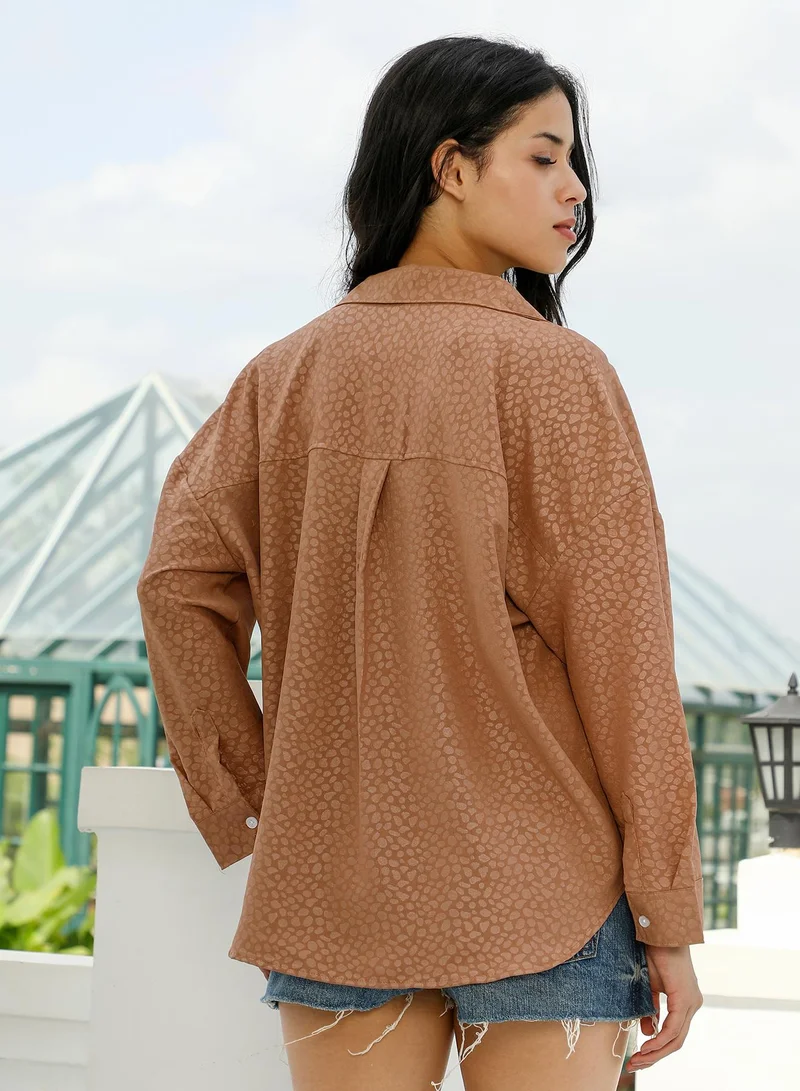 PINACOLADA Pinacolada Women's Polka-Jacquard Oversized Shirt | Spread Collar , Long Cuffed Sleeves , Button Closure | Abstract Jacquard Material | Cotton-Blend Shirt For Casual & Daily Wear | Mocha Brown