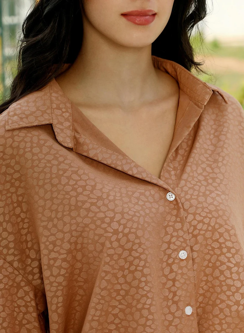 PINACOLADA Pinacolada Women's Polka-Jacquard Oversized Shirt | Spread Collar , Long Cuffed Sleeves , Button Closure | Abstract Jacquard Material | Cotton-Blend Shirt For Casual & Daily Wear | Mocha Brown