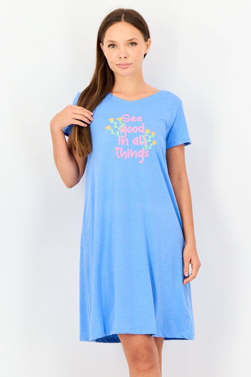 Zivame x Rosaline Women Graphic Print Short Sleeves Sleeping Dress, Light Blue - Image 1