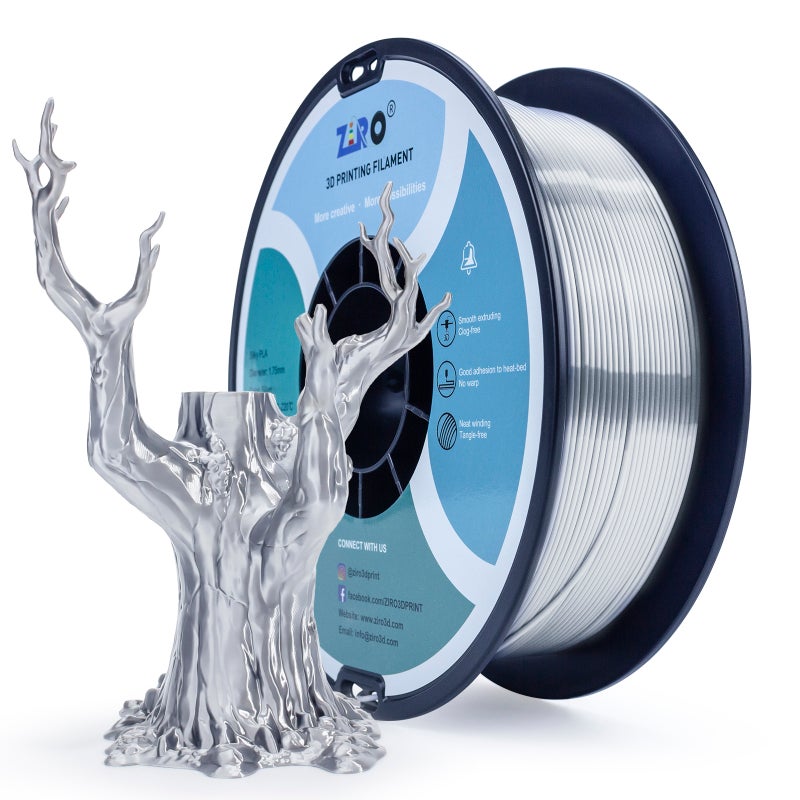 ZIRO SILVER Silk PLA Filament 1.75mm 1kg/2.2lb Spool, - Image 1