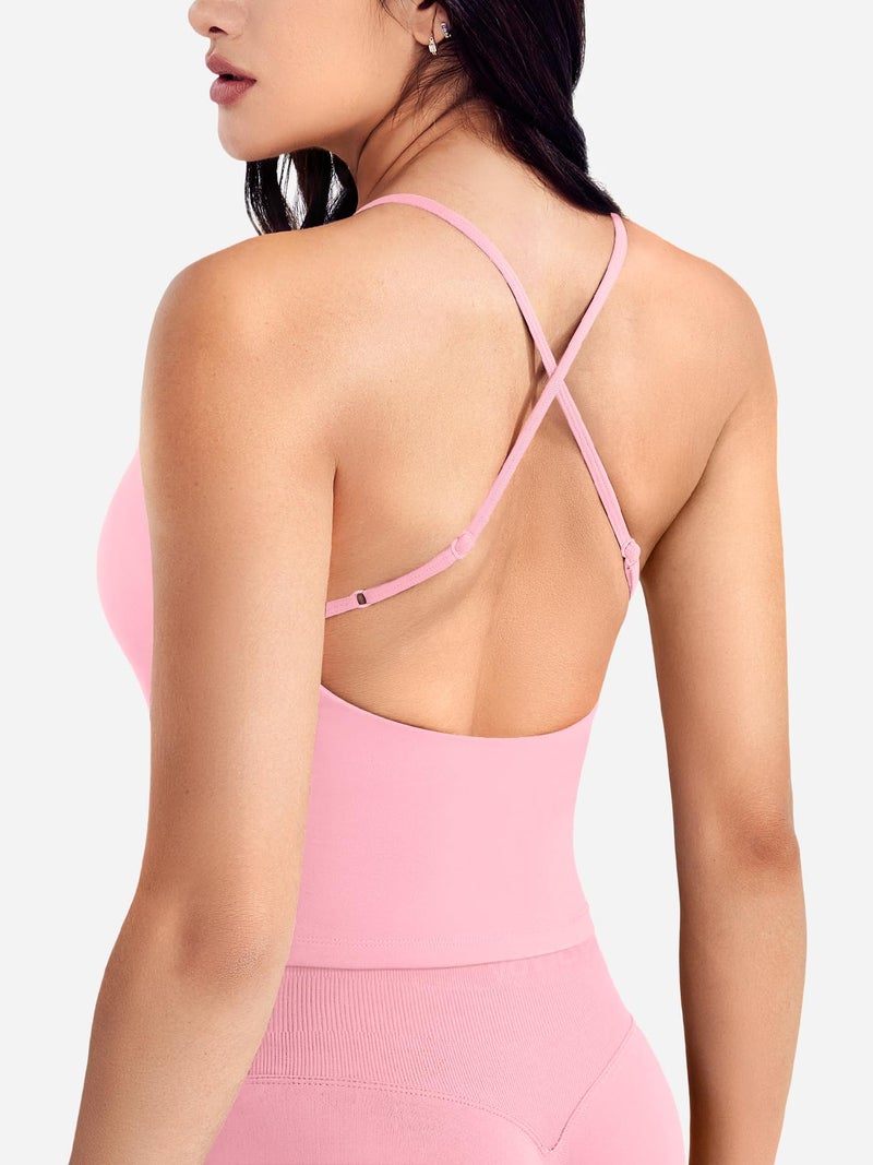 VOYJOY Women's Workout Tank Top V Neck Padded Sleeveless Backless Crop Tops with Adjustable Spaghetti Strap Pink S - Image 2