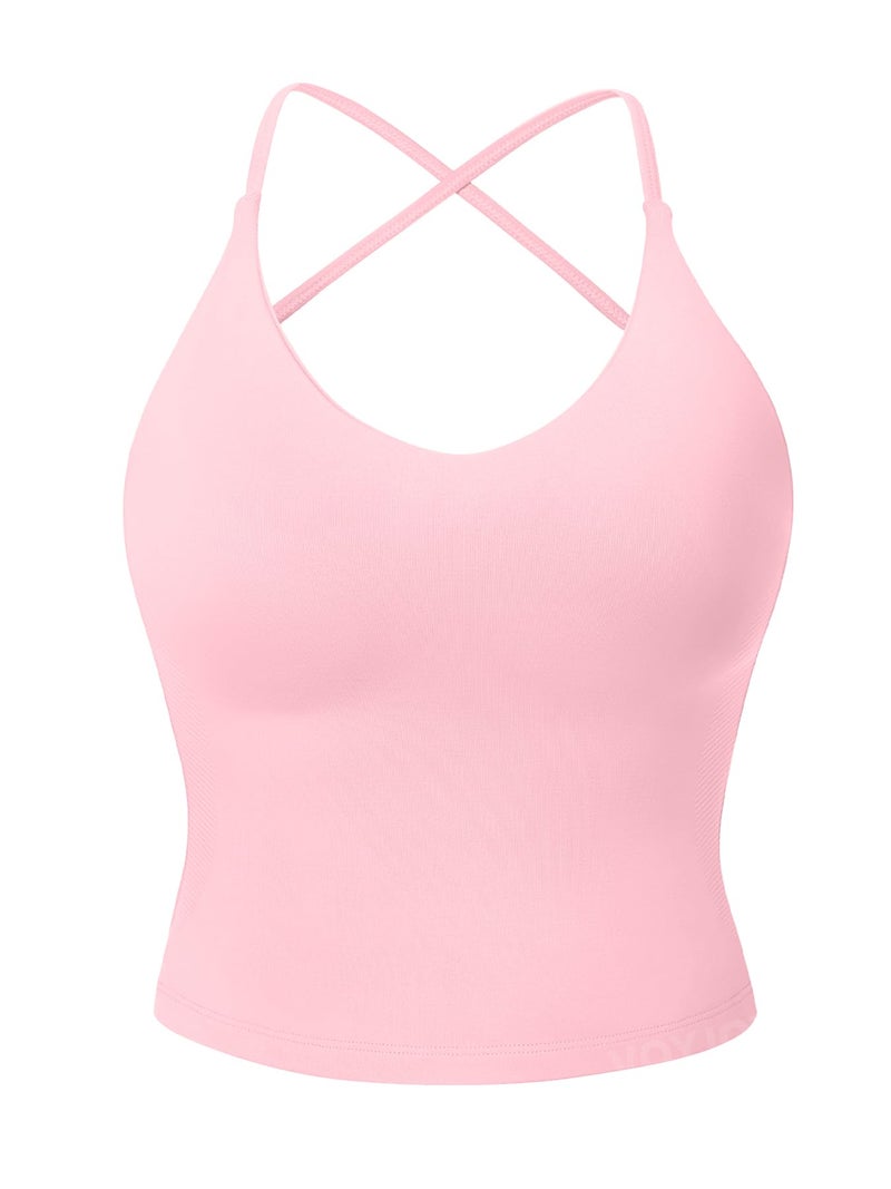 VOYJOY Women's Workout Tank Top V Neck Padded Sleeveless Backless Crop Tops with Adjustable Spaghetti Strap Pink S - Image 1
