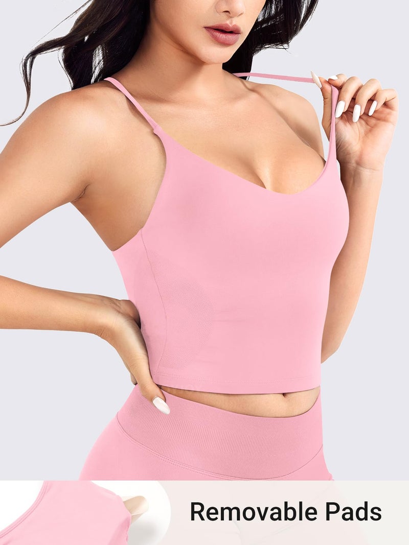 VOYJOY Women's Workout Tank Top V Neck Padded Sleeveless Backless Crop Tops with Adjustable Spaghetti Strap Pink S - Image 4