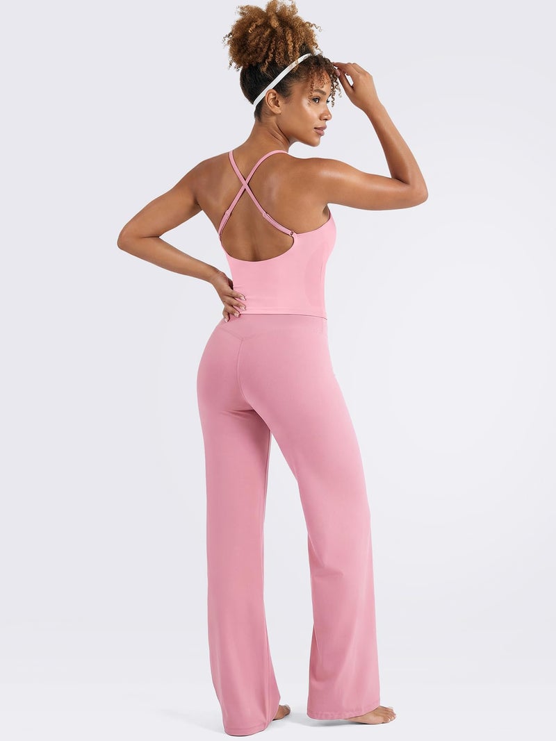 VOYJOY Women's Workout Tank Top V Neck Padded Sleeveless Backless Crop Tops with Adjustable Spaghetti Strap Pink S - Image 5