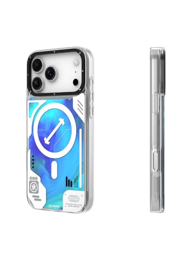 يونج كيت جراب MagSafe بتصميم رمل سائل مضيء بنمط سايبربانك لهاتف iPhone 17 Pro Max - تصميم رمل سائل متوهج في الظلام، حماية من السقوط بمعايير عسكرية، طباعة عالية الدقة مقاومة للخدش، غطاء واقٍ مقاوم للصدمات - أزرق - Image 3