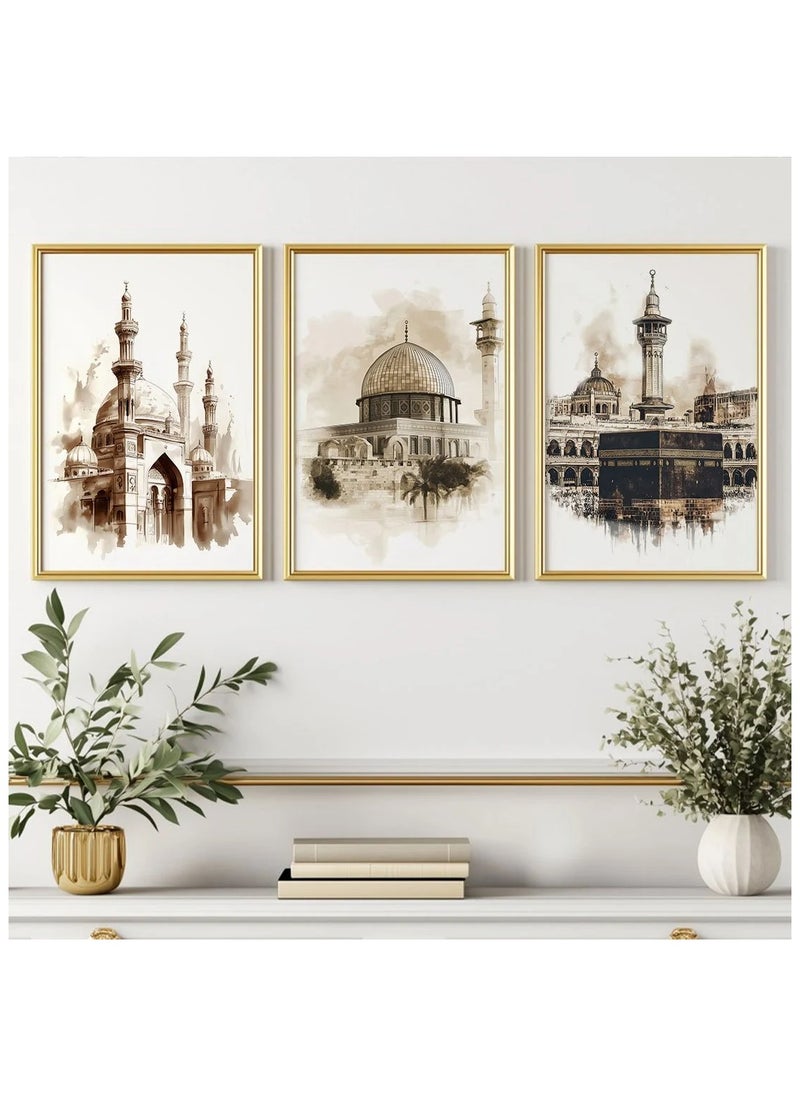 Generic Set of 3 modern, beautiful and elegant canvas paintings in beige watercolors. A picture of the Holy Kaaba, a picture of Medina and a mosque in an Islamic architectural style. Without any frame. An elegant decorative element for the home, bedroom, living room, home prayer room, or in the office. An ideal gift for special people. You can add a wooden frame to it or even hang the painting with clips without any frame. Its size is 40*30 cm. Number of paintings: 3  - Image 1