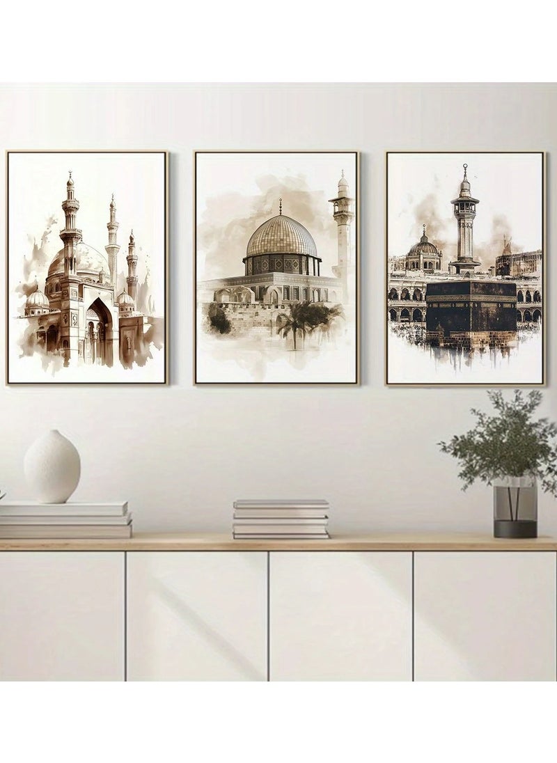 Generic Set of 3 modern, beautiful and elegant canvas paintings in beige watercolors. A picture of the Holy Kaaba, a picture of Medina and a mosque in an Islamic architectural style. Without any frame. An elegant decorative element for the home, bedroom, living room, home prayer room, or in the office. An ideal gift for special people. You can add a wooden frame to it or even hang the painting with clips without any frame. Its size is 40*30 cm. Number of paintings: 3  - Image 3
