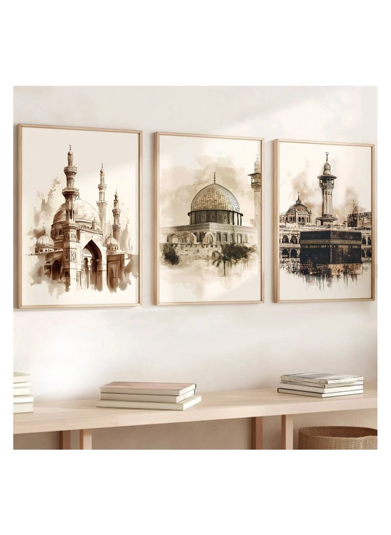 Generic Set of 3 modern, beautiful and elegant canvas paintings in beige watercolors. A picture of the Holy Kaaba, a picture of Medina and a mosque in an Islamic architectural style. Without any frame. An elegant decorative element for the home, bedroom, living room, home prayer room, or in the office. An ideal gift for special people. You can add a wooden frame to it or even hang the painting with clips without any frame. Its size is 40*30 cm. Number of paintings: 3  - Image 5