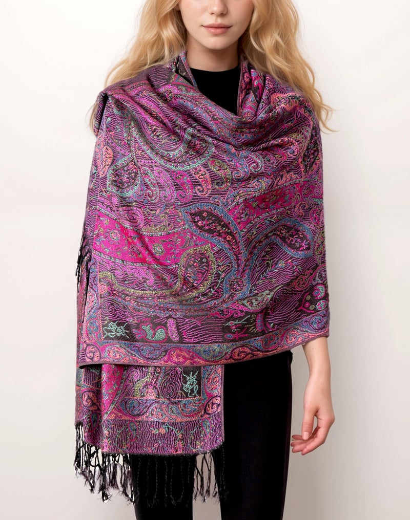Achillea Soft Silky Reversible Paisley Pashmina Shawl Wrap Scarf w/Fringes (Tapestry Fuchsia) - Image 3