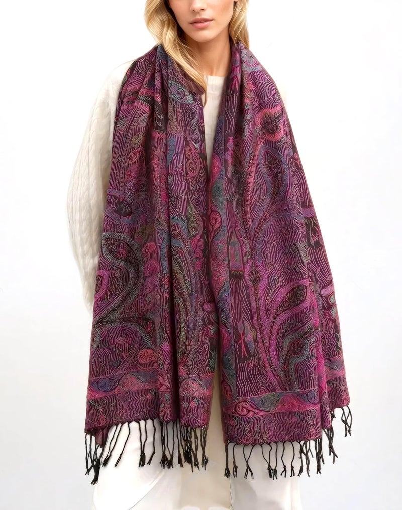 Achillea Soft Silky Reversible Paisley Pashmina Shawl Wrap Scarf w/Fringes (Tapestry Fuchsia) - Image 5