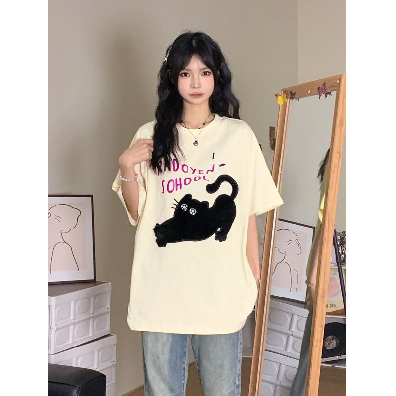 200g Heavy Print Stretch Cat Letter Short-sleeved T-shirt for Men and Women Summer New Loose Cotton Couples White. - Image 3