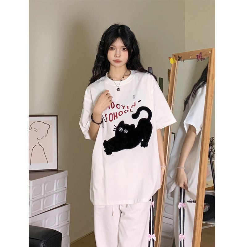 200g Heavy Print Stretch Cat Letter Short-sleeved T-shirt for Men and Women Summer New Loose Cotton Couples White. - Image 1